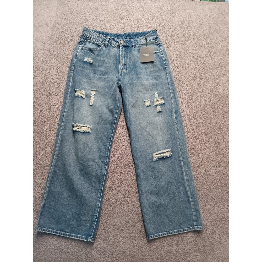 JustFashionNow Distressed Wide Leg Jeans Women's L Blue High Rise Relaxed NWT